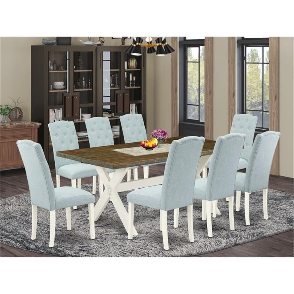 East West Furniture X077Ce215-9 9 Piece Dining Room Set Includes A Rectangle Kitchen Table With X-Legs And 8 Baby Blue Linen Fabric Upholstered Parson Chairs, 40X72 Inch, Multi-Color